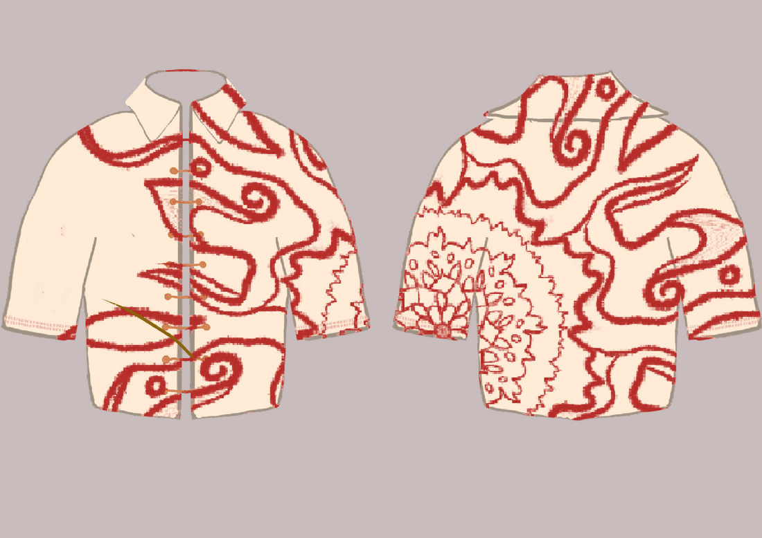 A creme colored artistic rendering of a button down shirt with red circular flowery artwork aligned asymmetrically on the garment.