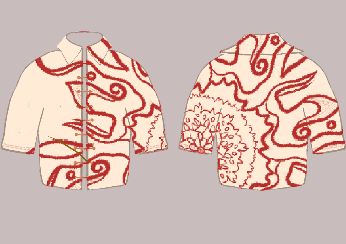 A creme colored artistic rendering of a button down shirt with red circular flowery artwork aligned asymmetrically on the garment.